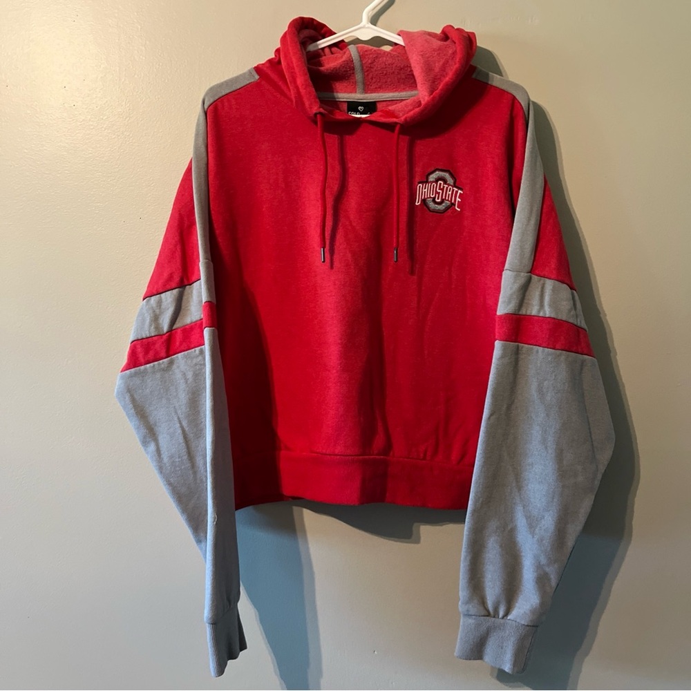 Women’s Ohio State Red Gray Hooded Cropped pullover Sweatshirt Size XL